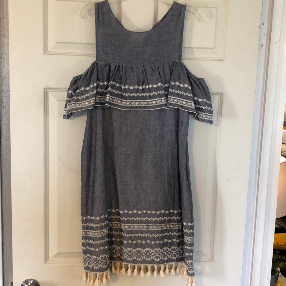 Like new, denim, off the shoulder tassel dress